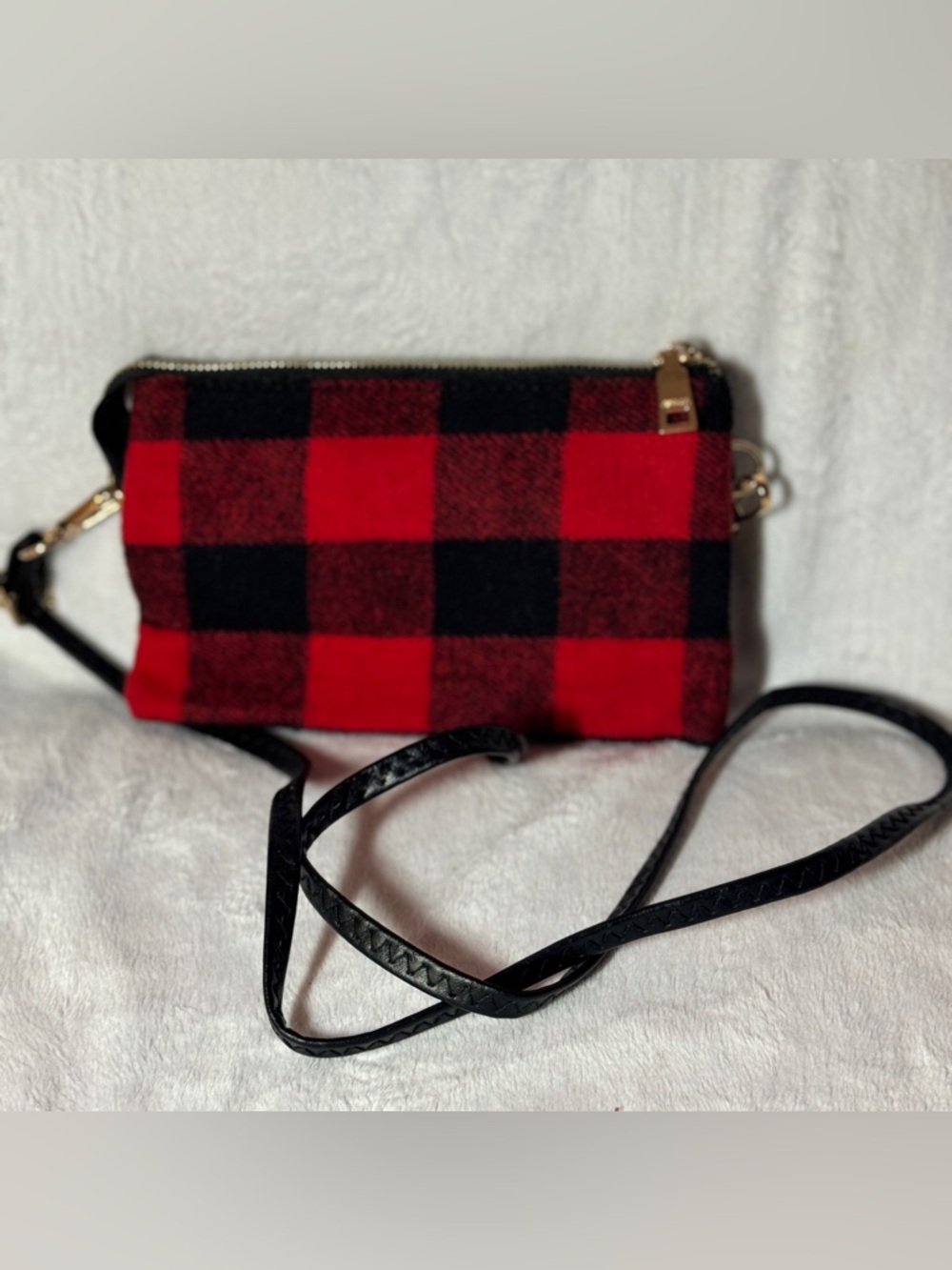Jen & Co Riley Buffalo Plaid‎ Red & Black Crossbody Purse Vegan Bag 3 Opening